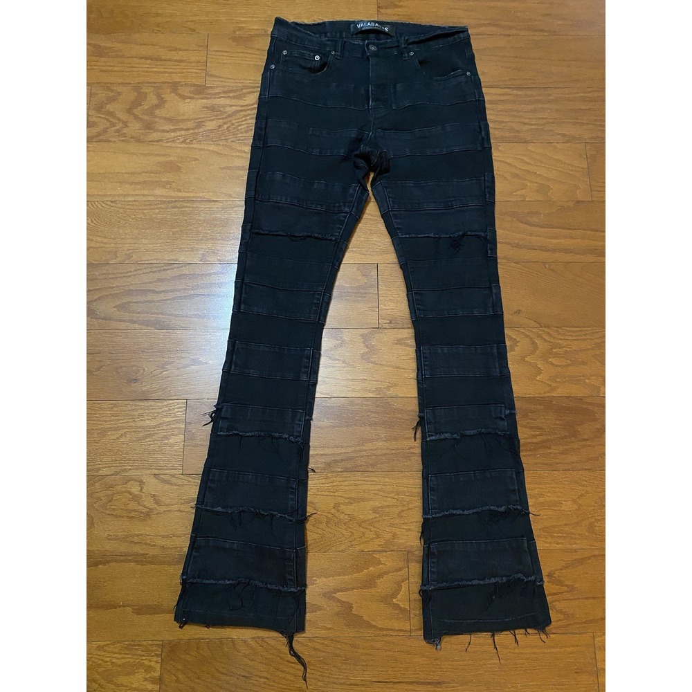 VALABASAS Mens Ruffled Stacked Distressed Jeans Size 32 Black Memphis Excellent